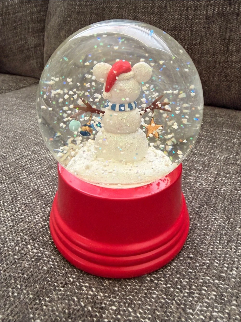 DISNEY Festive Red Mickey Mouse Snowman Glass Snow Globe 6”H